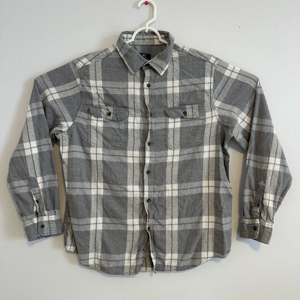 George Casual Button Down Mens L/XL Gray White Plaid Modern Flannel Shirt
